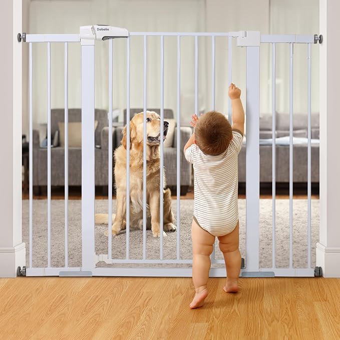 BABELIO 36" Tall Baby Gate, 29-48" Auto Close Pressure Mounted Dog Gate for Stairs, Doorways & Hallway, Protector Basics Easy Walk Thru Pet Gate, Metal Child Gate with 2*Y Spindle Rods, White-CubbioJoy