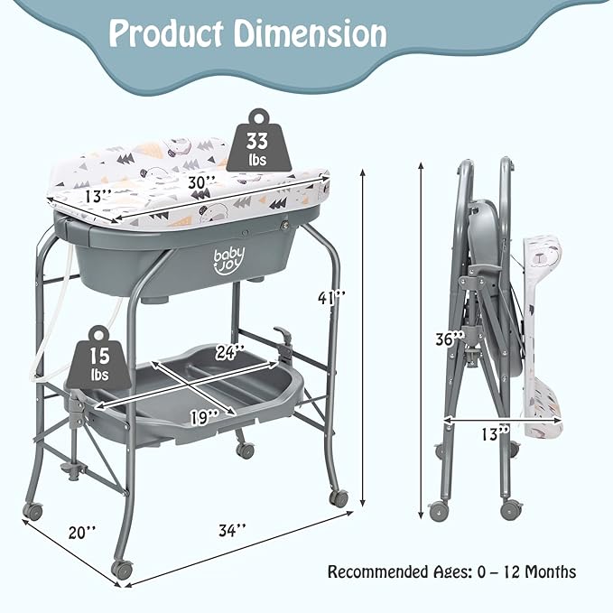 BABY JOY Baby Bathtub with Changing Table, Foldable Infant Diaper Changing Station with Storage Tray, Waterproof Pad, Portable Newborn Nursery Organizer Bath Stand with 4 Universal Wheels (Gray)-CubbioJoy