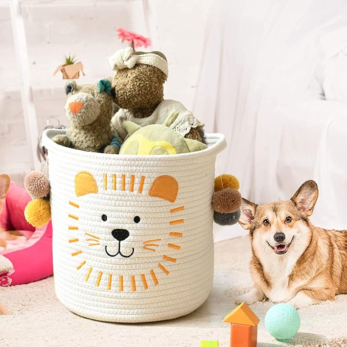 INough Toy Storage Baskets Cute Laundry Basket with Handles Dog Toy Storage Basket Durable Large Cotton Rope Storage Bins Home Organizer Solution for Office, Bedroom, Closet, Toys & Laundry (Lion)-CubbioJoy
