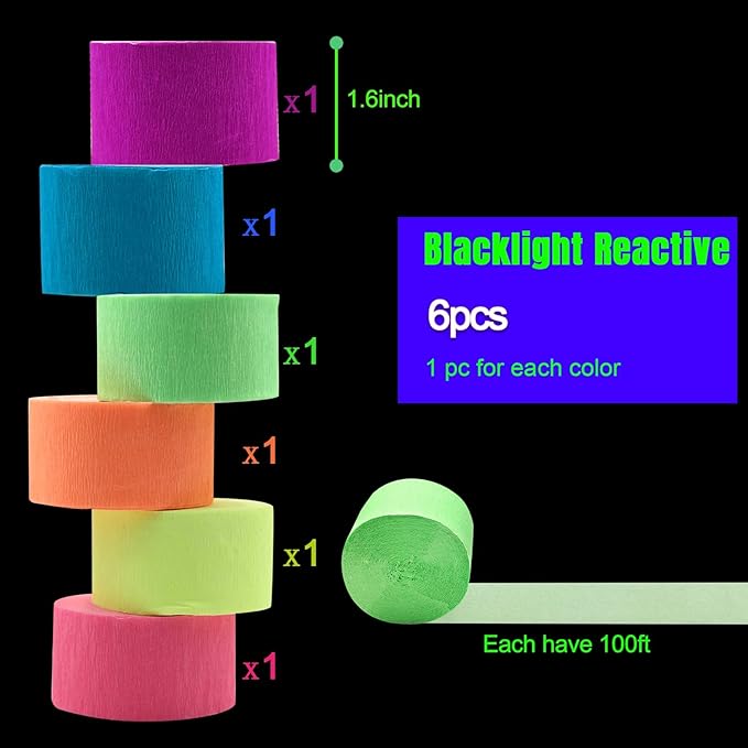 600feet Crepe Paper Streamers,6 Rolls Blacklight Party Streamer Decorations in 6 Colors for Neon Party,Wedding, Birthday, Glow Party Supplies…-CubbioJoy
