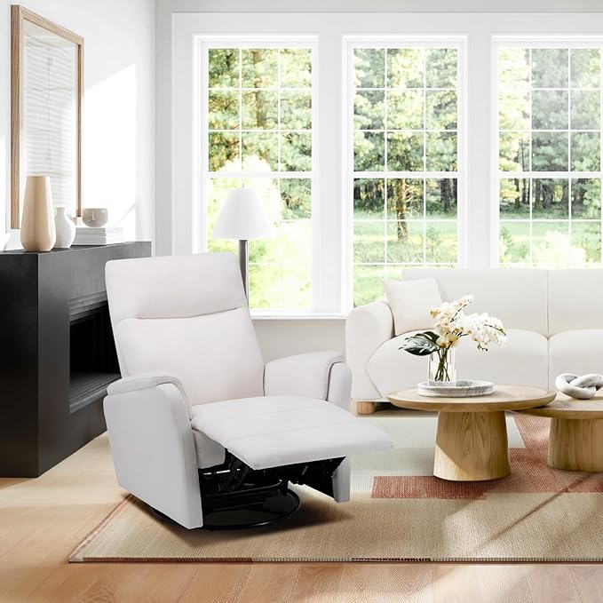 COLAMY Swivel Recliner Chair with Footrest, Rocker Glider Chair High Back with Double-Layer Cushion, Rocker Recliner for Nursery & Living Room, Bedroom, White-CubbioJoy