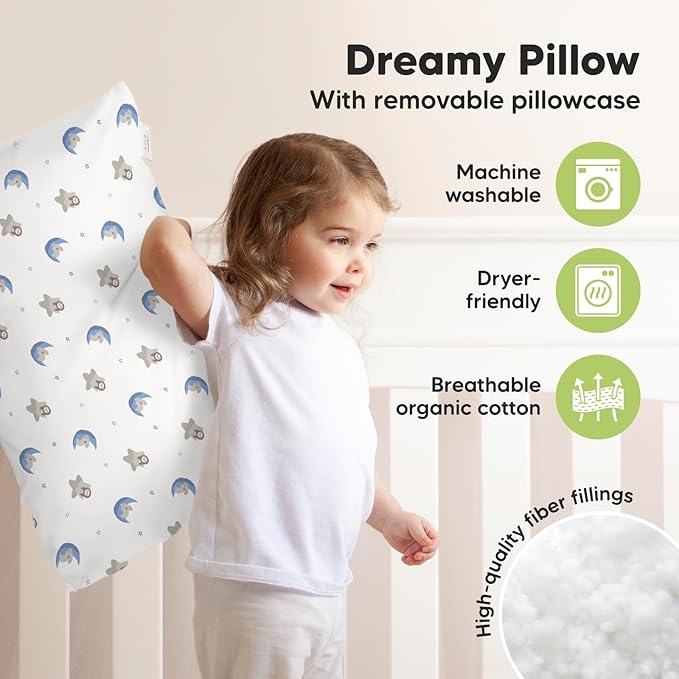KeaBabies Toddler Pillow with Pillowcase, Jumbo 14X20 - Soft Organic Cotton Toddler Pillows for Sleeping - Machine Washable - Perfect for Travel, Toddler Bed Set (Space Drift)-CubbioJoy