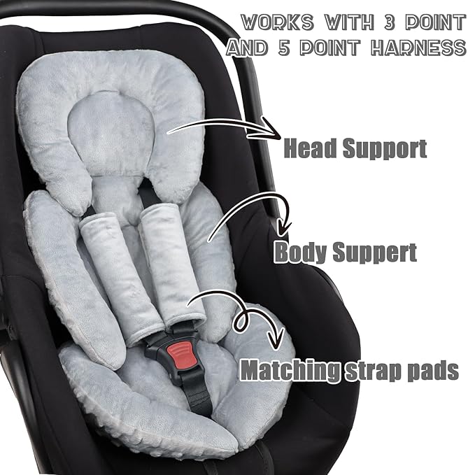Infant Car Seat Insert Head and Body Support, GFU Reversible Newborn Insert for Carseat with Strap Pads, Soft Stroller Cushion Pillow Insert for Boys and Girls, Fits for Stroller, Swing, Grey-CubbioJoy