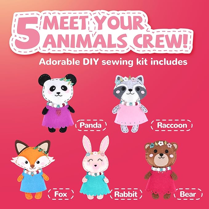 Cymbana Kid Sewing Craft Kit to Make a Friend for Beginner Felt Craft Learn to Sew, Panda Fox Bunny Raccoon Bear 5 Animals-CubbioJoy