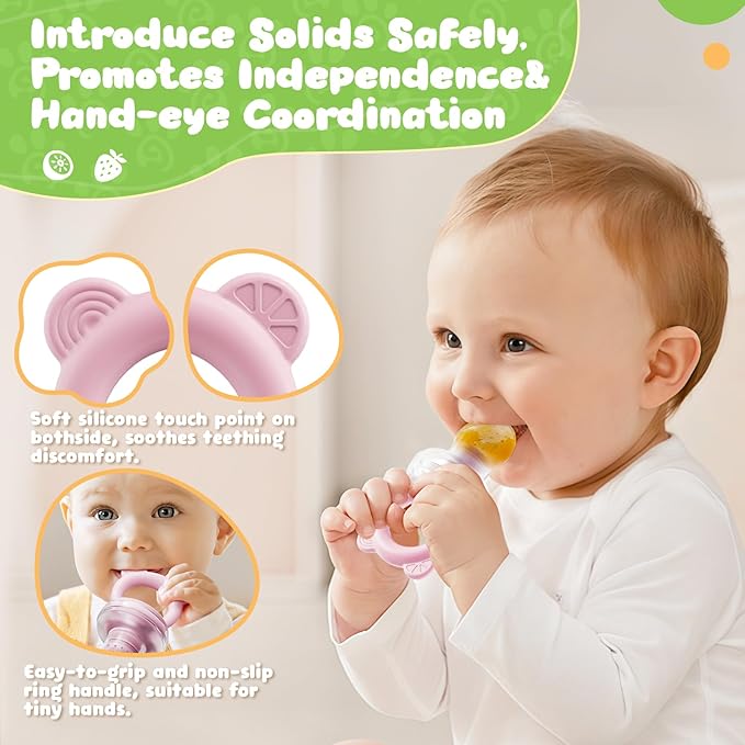 Bear Baby Fruit Food Feeder & Mini Freezer Nibble Tray Combo, 2 Pack Breastmilk Popsicle Molds for Baby Teething Relief, BPA Free Silicone Feeder for Safe Infant Self Feeding, Dishwasher Safe-CubbioJoy