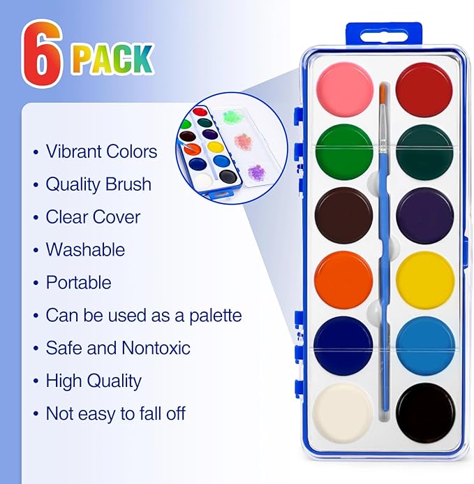 6 Pack Watercolor Paint Set for Kids, 12 Colors Watercolors Paints with Paint Brush, Kids Watercolor Paint Set for Party Favor, Classroom.-CubbioJoy