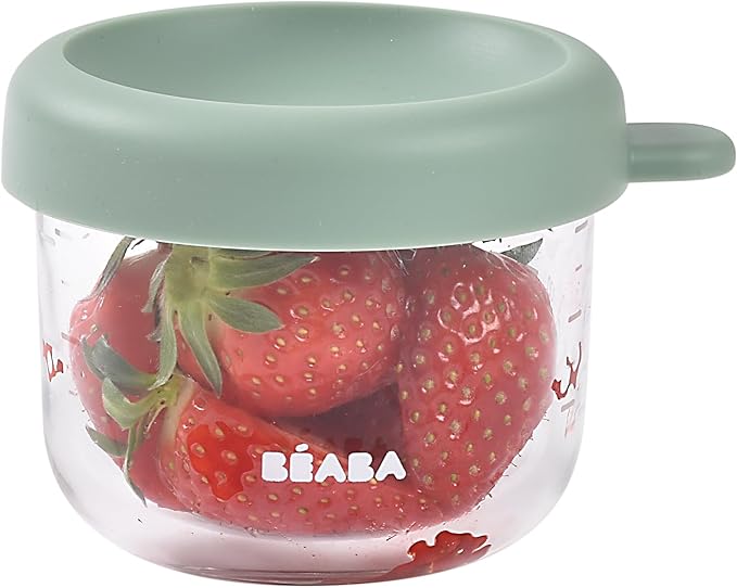 BEABA 5 oz Glass Baby Food Jars with Soft Silicone Air Tight Lids, Glass Storage Containers with Lids, Microwave and Freezer Safe Containers, Sage Green-CubbioJoy