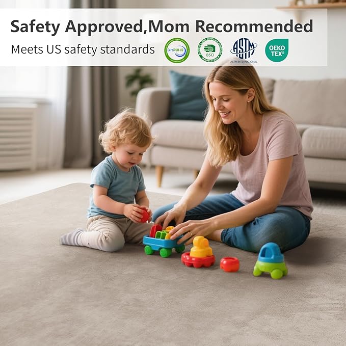 Baby Play Mat for Floor,Extra Large 79"×118" Tummy Time Mat,Thicker Memory Foam Mat for Toddler,Infant,Kids,Water Repellent Ultra Soft Coral Velvet,Non-Slip Backing Safe for Crawling(Beige)-CubbioJoy