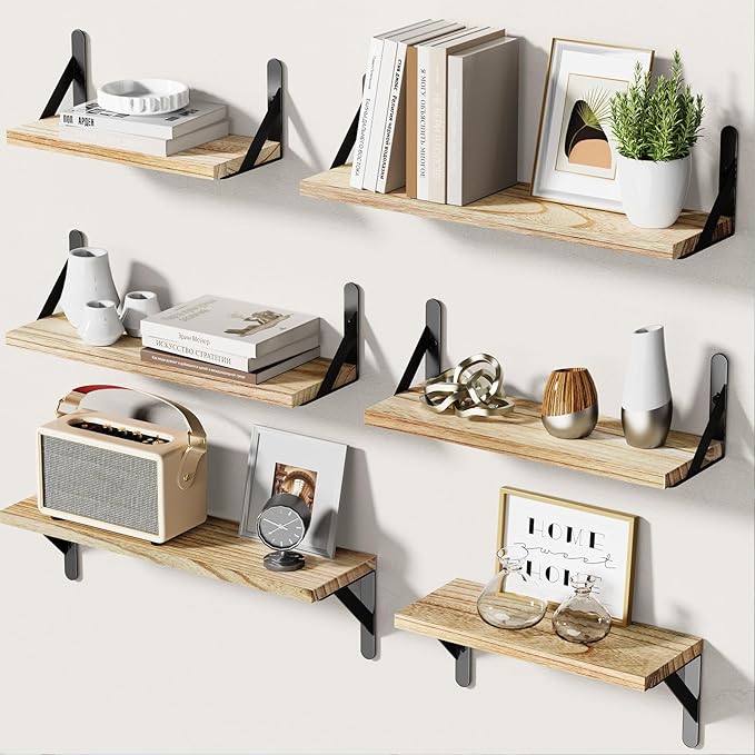 AMADA HOMEFURNISHING Wall Shelves Set of 6, Rustic Farmhouse Style, Wood Floating Shelves for Wall Decor, Bathroom & Bedroom Storage, Living Room Book Shelves, 6pcs-CubbioJoy