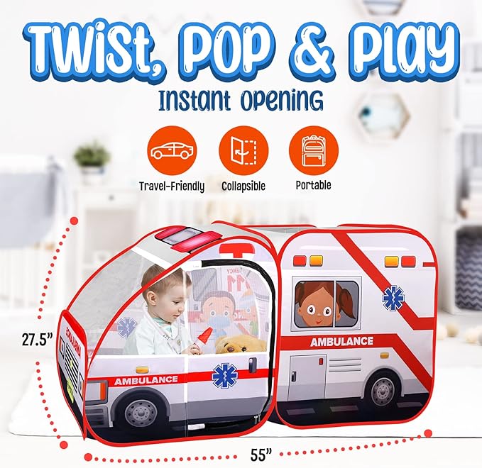 Ambulance Pop-up Play Tent for Kids with Sounds, Doctor Kit & Ball Pit for Toddlers & Up - Easy Setup Pop up Toy for Indoor & Outdoor, Emergency Vehicle Playset, Pretend Play, Great Gift-CubbioJoy