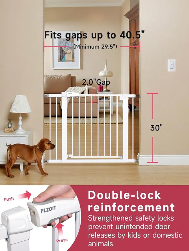 Baby Gate for Stairs, 29.5-40.5" Dog Gate for Doorways, Walk Thru Auto Close Metal Child Gate for The House, Stairs and Doorways, Pressure Mounted Pet Gate for Dog Indoor (White)-CubbioJoy