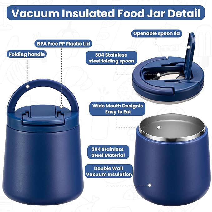 20oz Insulated Vacuum Food Jar with Buckle Lid,Soup Thermo for Hot Food Kids,Wide Mouth Leakproof Stainless Steel Lunch Container with Spoon-Blue-CubbioJoy