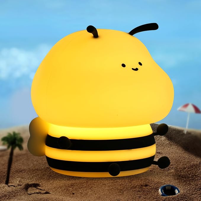 Bee Night Light for Kids,Cute Squishy Silicone Nursery Night Lamp Kawaii Animal Bedside Nightlight with 7 Colors 3 Levels Dimmable Tap Control Rechargeable Nightlights for Kids, Room Decor-CubbioJoy