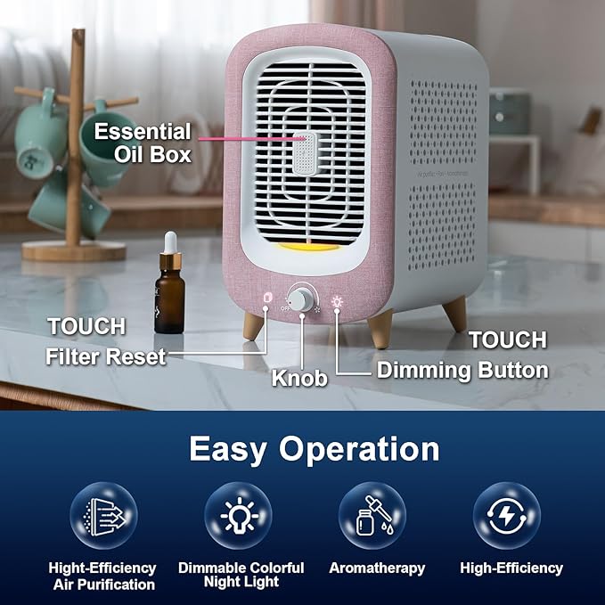 Jafanda Air Purifier for Home Bedroom 780sq ft, HEPA & Activated Carbon, Air Cleaner with Fragrance Sponge & Nightlight for Smoke, Allergies, Dust, Odor, VOC, Pet Dander, Pollen, Office, Desktop, Pink-CubbioJoy