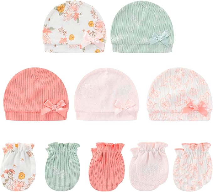 Baby Hat and Mittens Set Cotton Newborn Baby Hats Caps for Boys and Girls, 0-6 Months-CubbioJoy