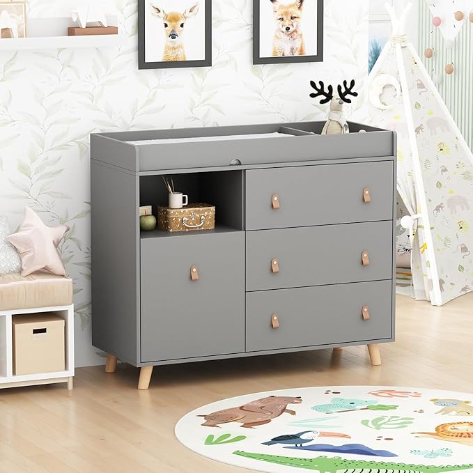 Baby Dresser Changing Table with Drawers,Shelf,Hidden Laundry Basket Storage,2 in 1 Nursery Dresser Chest for Infants, Baby Diaper Changing Station for Daycare,Bedroom,Grey-CubbioJoy