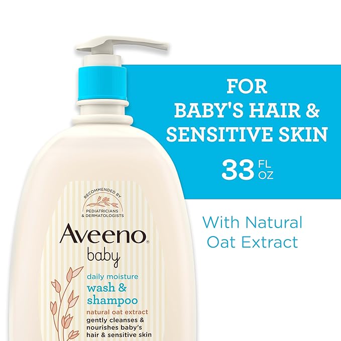 Aveeno Baby Daily Moisture Body Wash & Shampoo with Natural Oat Extract, Hypoallergenic, Tear-Free, Paraben-Free, pH-Balanced Formula For Sensitive Hair & Skin, 33 fl oz-CubbioJoy