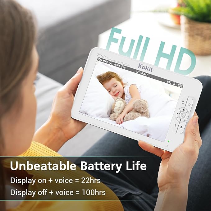 7" 1080P Full HD Video Baby Monitor No WiFi,100 Hrs 5000mAh Battery Runs 4 Days,4X Zoom,Remote 355° Pan-Tilt,2-Way Talk with Temp Alert/Lullabies/VOX-CubbioJoy