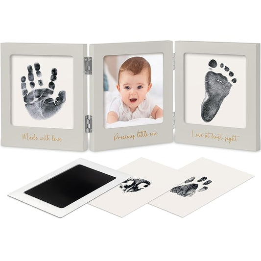 Inkless Baby Handprint and Footprint Kit for Newborn - Baby Footprint Kit, Newborn Keepsake Nursery Picture Frame,Dog Paw Print Maker,Personalized Gifts for New Mom,Showers & Registry(Cloud Gray/Gold)-CubbioJoy