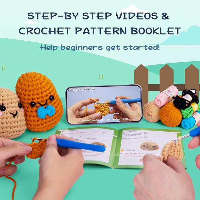 Crochetta Crochet Kit for Beginners, Learn to Crochet Kits for Adults Kids, Jumbo Potato Couple, Includes Yarn, Hooks, Stuffing, Pattern, Video Tutorials-CubbioJoy