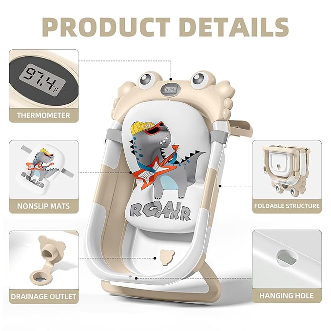 Collapsible Baby Bathtub for Infants to Toddler with Real-time Temp Monitor+Floating Cushion,Foldable Baby Bath Tub Set Applicable 0-36 Month,Portable Travel Baby Tub for Newborns Boy (Beige)-CubbioJoy