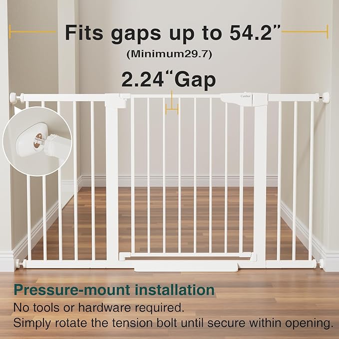 Cumbor 2 Pack 29.7-54.2" Baby Gate for Stairs, Mom's Choice Awards Winner-Auto Close Dog Gate for Doorways, Easy Install Pressure Mounted Pet Gate Indoor, Wide Safety Gate for Dog, White-CubbioJoy