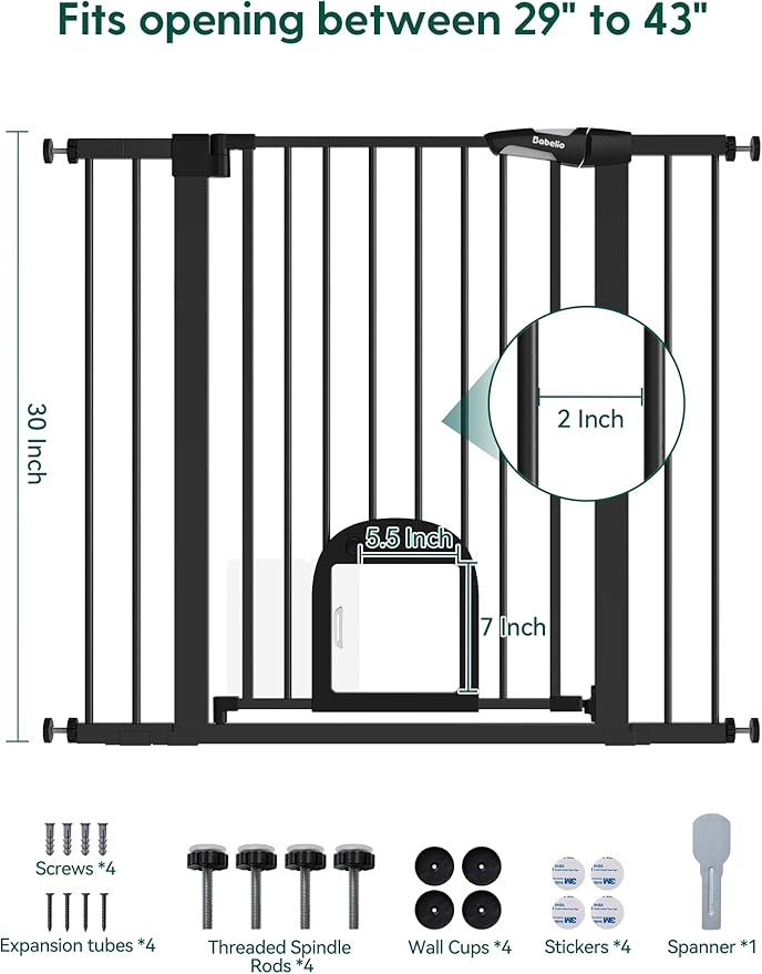 Babelio 36" Tall Upgraded Baby Gate with Cat Door,29-43" Auto Close Durable Dog Gate for Stairs,Doorways and House,Easy Walk Thru,Includes 4 Wall Cups,Black-CubbioJoy