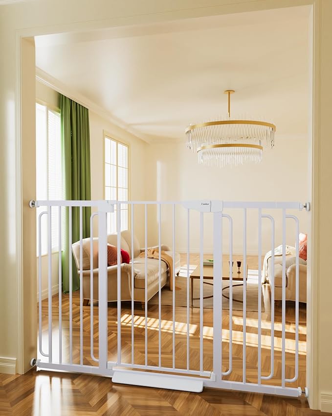 Cumbor 36" Extra Tall Baby Gate for Stairs, 29.7-57" Extra Wide Dog Gate for Doorways Hallways, Pressure Mounted Child Gate for Wide Opening, Auto Close Personal Safety for Babies and Pets, White-CubbioJoy