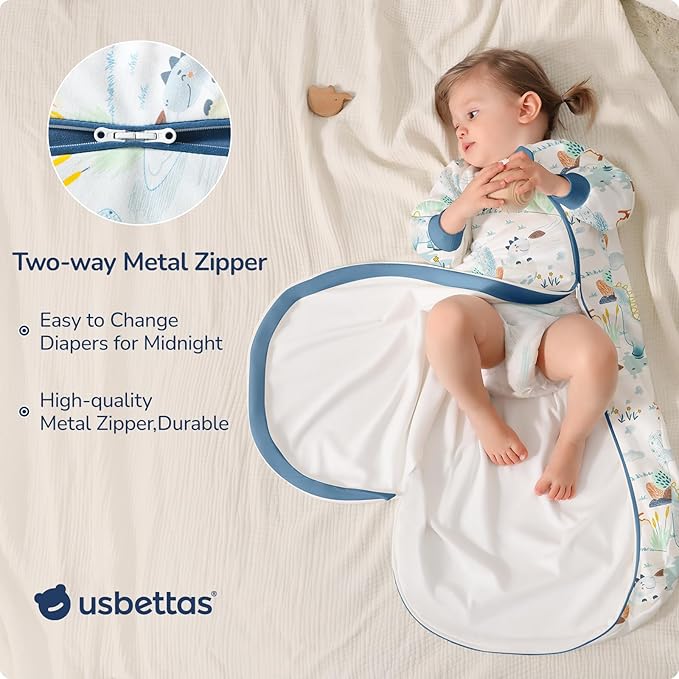 Baby Sleep Sack 18-24 Months, Cotton Detachable Long Sleeve Sleep Sack, 1.0 Tog Toddler Sleeping Sack with Temperature Strips, 2-Way Zipper Wearable Blankets for Newborns, Dinosaur-CubbioJoy