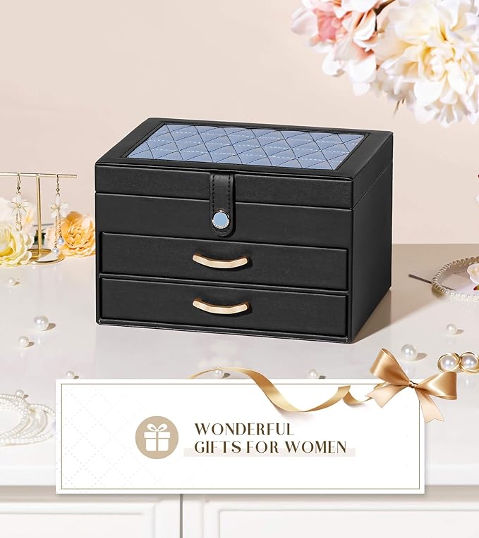 Black Jewelry Box Organizer: Home Decor for Women - 2-Drawer Holder for Valentine’s Day Birthday Christmas Black Grey-Blue-CubbioJoy