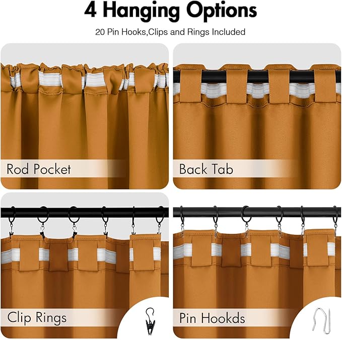 ANRODUO Back Tab Blackout Curtains for Bedroom Living Room, Rod Pocket Pinch Pleated Thermal Insulated Room Darkening Curtains 63 Inches Long 2 Panels, Mustard Yellow, 42 x 63 Inch-CubbioJoy