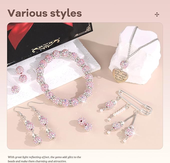 160pcs 10mm Rhinestone Beads for Jewelry Making, Pink AB Shiny Round Disco Ball Beads Bulk, Sparkle Crystal Clay Christmas for Bracelet Baseball Necklace Earring Crafting and DIY-CubbioJoy