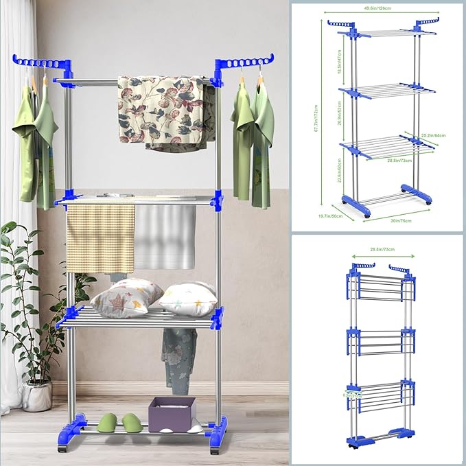 Bigzzia Clothes Drying Rack, 67.7 Inch Laundry Drying Rack with Foldable Base, 4 Tier Stainless Steel Drying Rack Clothing, Movable Laundry Rack for Indoor Outdoor-Blue-CubbioJoy