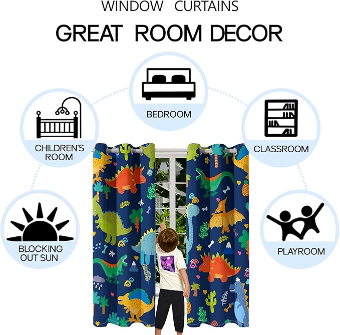 Dinosaur Blackout Curtains 2 Panels 63" Inch Drapes Boys Curtains for Bedroom Cute Dinosaur Themed Grommet Top Thermal Insulated Boys Room Curtains for Nursery, Navy Blue, 82" x 63"-CubbioJoy