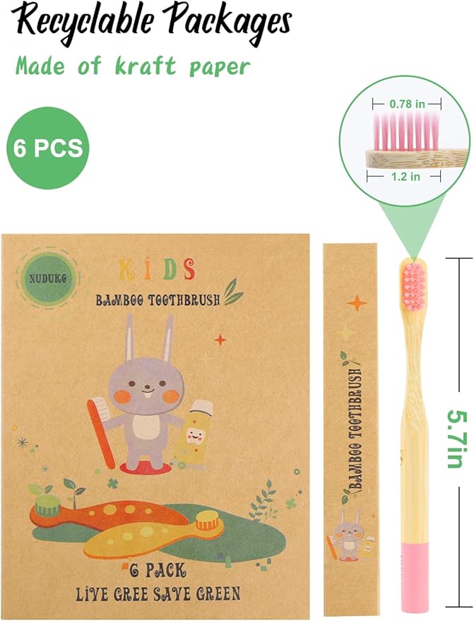 Bamboo Kids Toothbrushes (6 Pack) - Soft Bristle Organic Compostable BPA Free Toothbrush for Kids Toddler Baby Tooth Brush, Eco Friendly Natural Biodegradable Wooden Toothbrush - Round Handle-CubbioJoy