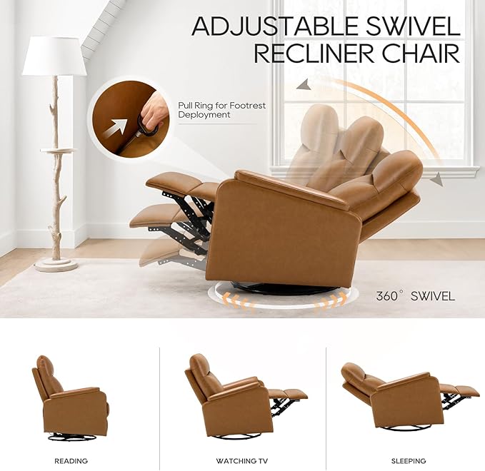 COLAMY Leather Swivel Recliner Chair with Footrest, High Back with Double-Layer Cushion, Glider Recliner for Nursery & Living Room, Bedroom, Camel-CubbioJoy