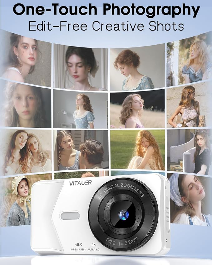 Digital Camera, Autofocus 48MP 4K Camera for Photography with 32GB Card, Portable Compact Point and Shoot Digital Camera for Teens Adult Beginner Kids with Metal Shell, 2000 mAh Battery-CubbioJoy