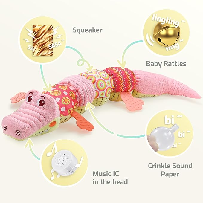 Sumobaby Crocodile Baby Toys Musical Crocodile, Stuffed Animal Activity Soft Toys with Teether, Multi-Sensory Crinkle, Rattle and Textures, for Tummy Time, 0 - 12 Months, Boys, Girls, Alligator (Pink)-CubbioJoy