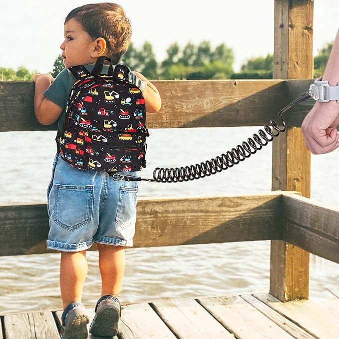 Accmor Toddler Backpack Harness with Leash, Cute Baby Backpacks with Anti Lost Wrist Link, Mini Kids Backpack Tether Walking Harness for Travel Outdoor, Black Excavator Backpack Tether for Boys Girls-CubbioJoy