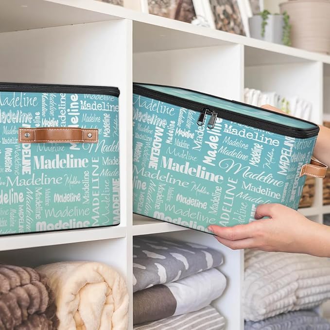 Custom Storage Basket with Name, Personalized Storage Bins with Zipper Lid, Foldable Fabric Storage Box Large capacity with Handle Grey Blue Green-CubbioJoy