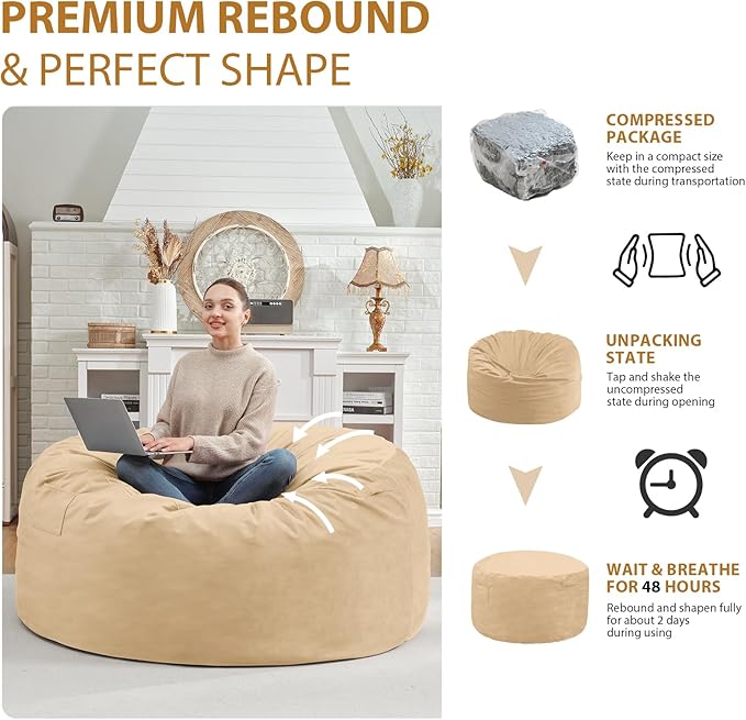 4FT Bean Bag Chair, Large Bean Bag Chairs with Memory Foam Filled, Fluffy Beanbag Sofa with Dutch Velvet Cover, Round BeanBag Chairs for Living Room, Playroom - Khaki-CubbioJoy