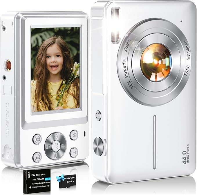 Digital Camera,FHD 1080P Kids Camera 44MP Point and Shoot Digital Cameras with 32GB Card,16X Zoom,Anti-Shake,Date Stamp,Compact Small Cameras Photography for Kids Student Teen Girl Boy(White)-CubbioJoy