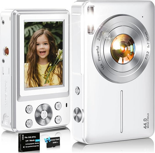 Digital Camera,FHD 1080P Kids Camera 44MP Point and Shoot Digital Cameras with 32GB Card,16X Zoom,Anti-Shake,Date Stamp,Compact Small Cameras Photography for Kids Student Teen Girl Boy(White)-CubbioJoy