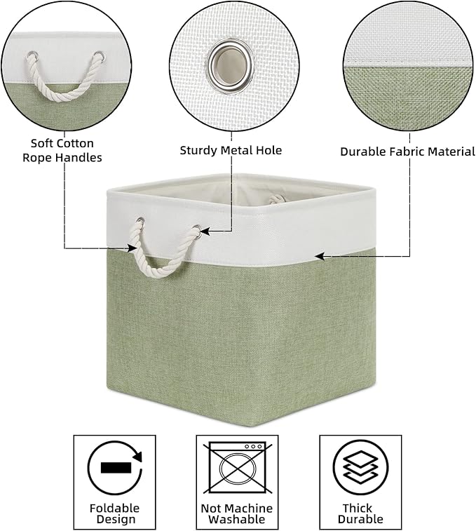 Bidtakay Cubby Storage Bins Set of 3 Fabric Baskets for Shelves Closet Drawer Organizer Storage Cubes 13x13 Collapsible Organization Baskets for Nursery Toy Shelf (White&green)-CubbioJoy