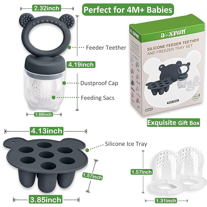 JEXFUN Silicone Baby Food Feeders + Freezer Tray for Batch Prep, Introduce New Foods Safely, Double as Silicone Teething Toys, BPA Free Silicone Feeder for Safe Infant Self Feeding - (Dark Grey)-CubbioJoy