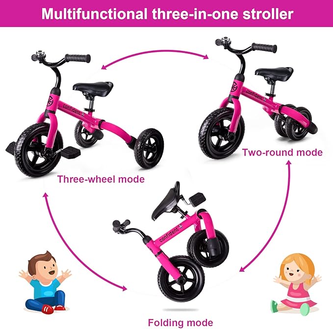 Ancaixin 3 in 1 Toddler Tricycles for 2-5 Years Old Girls and Boys with Adjustable Seat Detachable Pedal and Bell | Foldable Baby Balance Bike Riding Toys | Kids Birthday Christmas New Year Gift Pink-CubbioJoy