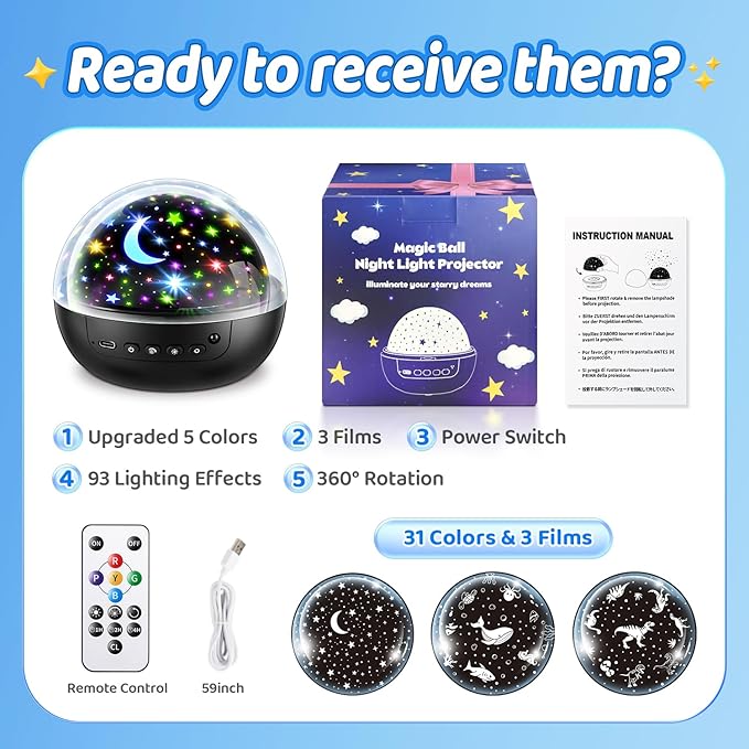 COOLNIGHT Night Light for Kids, 93 Lighting+3 Films Kids Night Light Projector, Remote+Dimmable Star Projector, 360°Slient Glow in The Dark Stars for Ceiling, Gift for 3-8-CubbioJoy