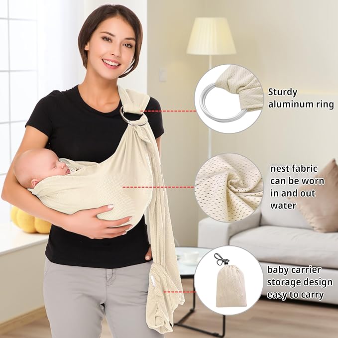 CUBY Water Baby Sling Carrier Lightweight Breathable Mesh Baby Ring Slings, Adjustable Quick-Drying Ring Sling Baby Carrier for Newborn Kids Toddlers Summer Swimming Pool Beach (Apricot)-CubbioJoy
