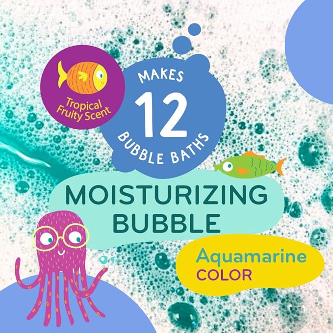 Mobi Little Whale Bubble Bath, Tropical Fruity Scent Kids Body Wash, Gentle Moisturizing Tub Foam for All Skin Type, GMO-Free, Stain-Free, Fun Aquamarine Color, 8 fl oz-CubbioJoy