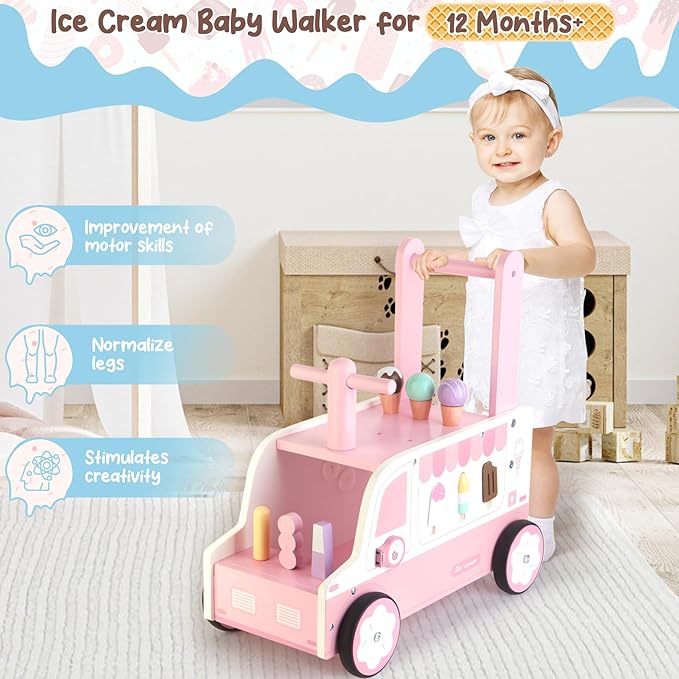 Asweets Wooden Baby Push and Pull Walker with Wheels, Learining Acticity Walker for Boys & Girls, Multiple Activities Center, Develops Motor Skills & Stimulates, 17.3''L x 9.1''W x 18.1''H-CubbioJoy